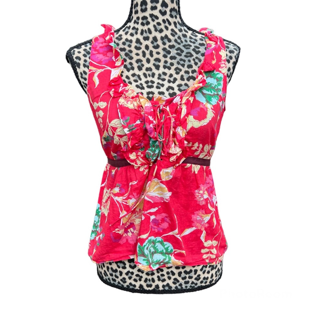 ❤️ Anthropologie Edme & Esyllte Red Floral Sleeveless Ruffle Blouse Small ❤️ - Picture 1 of 5